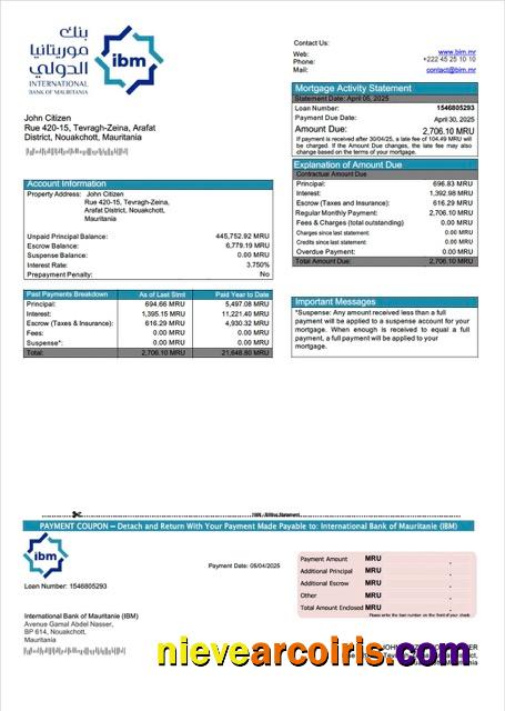 Mauritania International Bank of Mauritanie (IBM) mortgage statement Word and PDF template